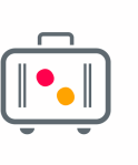 A grey and orange suitcase  Description automatically generated